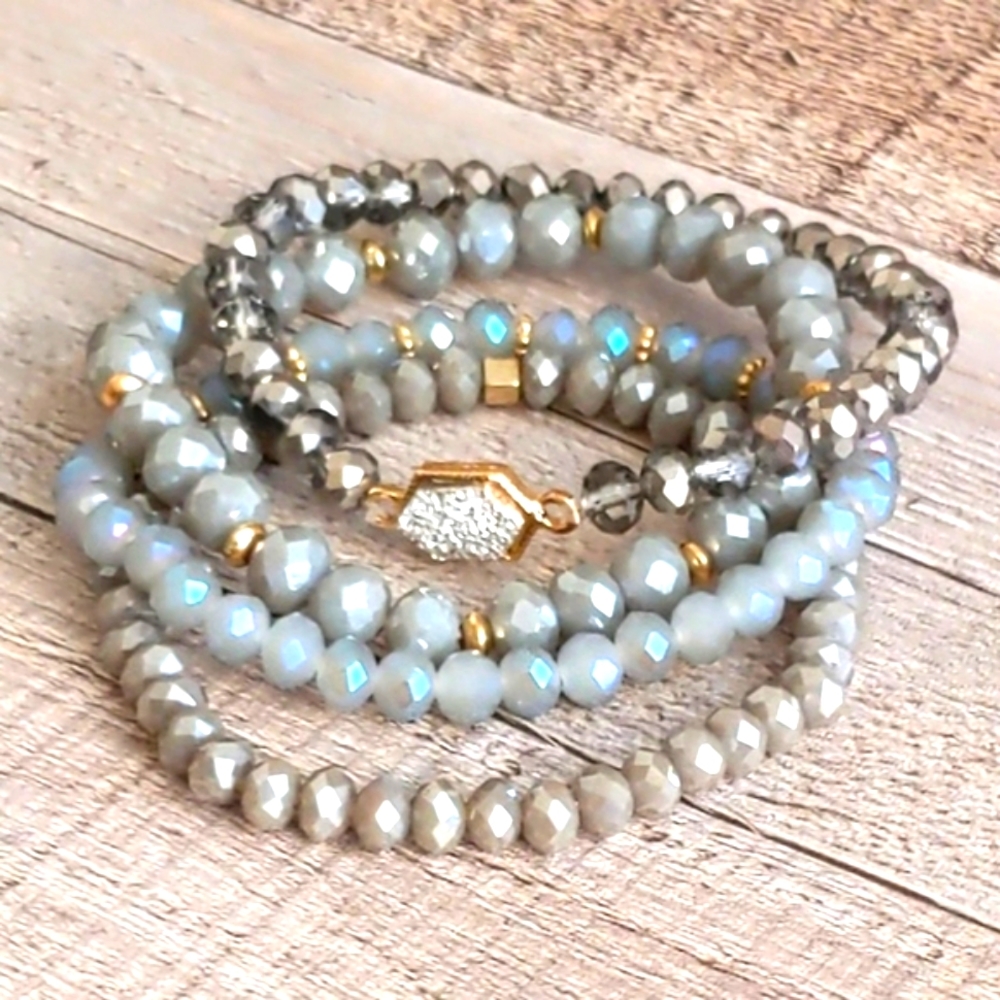 Silver & Gray Crystal Beaded Boho Bracelets Multi Layer Stretch Natural Gemstone - Picture 7 of 12